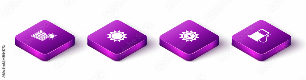 Set Isometric Solar energy panel and sun, Sun, and Petrol or Gas station icon. Vector Set Isometric Solar energy panel and sun, Sun, and Petrol or Gas station icon. Vector