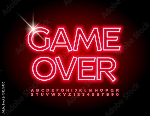 Vector Neon Logo Game Over. Red glowing Font. Bright Creative Alphabet Letters and Numbers set