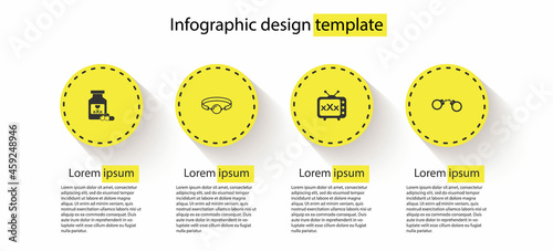 Set Bottle with pills for potency, Silicone ball gag, Sex tv old television and Handcuffs. Business infographic template. Vector