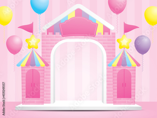 cute kawaii castle backdrop display 3d illustration vector for putting your object with balloons graphic element on pink striped pattern background  