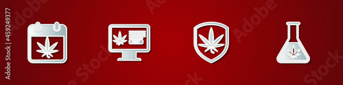 Set Calendar and marijuana, Online buying, Shield and Test tube with icon. Vector