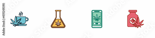 Set Cup tea with marijuana, Test tube, Online buying and Medical bottle icon. Vector