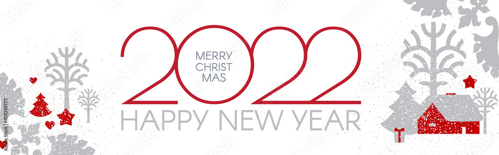 Happy New 2022 Year Christmas flyer with reindeer and winter landscape. Nordic design