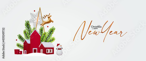 Merry Christmas and Happy New Year soft blue 3D design with Christmas town, deer jump and fir tree