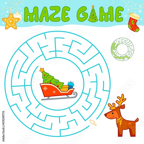 Christmas maze puzzle game for children. Circle maze or labyrinth game with Christmas sleigh and reindeer.