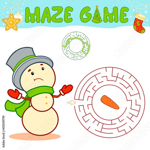 Christmas maze puzzle game for children. Circle maze or labyrinth game with Christmas Snowman.