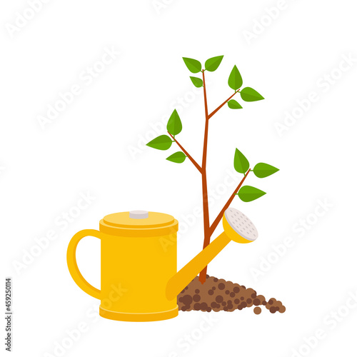 Watering can and plant. Garden tools. Vector illustration