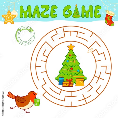 Christmas maze puzzle game for children. Circle maze or labyrinth game with Christmas Bird.