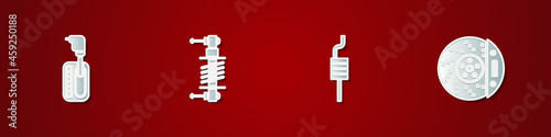 Set Gear shifter, Shock absorber, Car muffler and brake disk with caliper icon. Vector