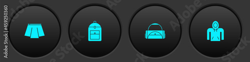 Set Skirt, Backpack, Sport bag and Hoodie icon. Vector