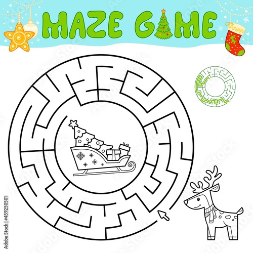 Christmas black and white maze puzzle game for children. Outline circle maze or labyrinth game with Christmas sleigh and reindeer.