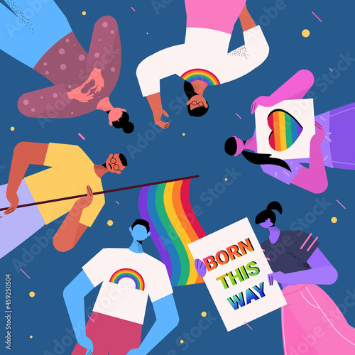 people holding lgbt rainbow flags and placards gay lesbian love parade pride festival transgender love concept
