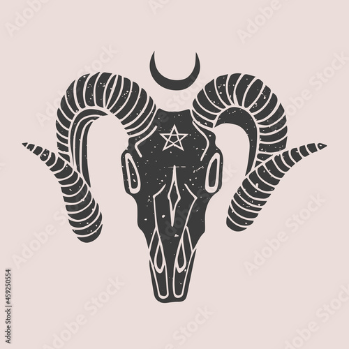Black and white illustration with a goat skull, a sacred occult symbol. Day of the Dead. Halloween. Drawing for souvenirs and tattoo.