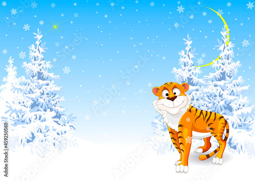 Tiger in the winter snowy forest. Cartoon tiger in the winter forest against the background of snowy trees and the sky with snowflakes