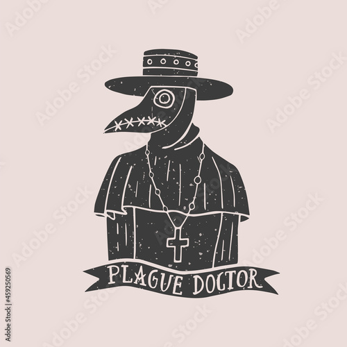 Black and white illustration with the plague doctor. Day of the Dead. Halloween. Drawing for souvenirs and tattoo