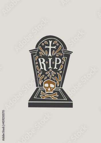 Black and white illustration with headstone and skull. Day of the Dead. Halloween. Drawing for souvenirs and tattoo.
