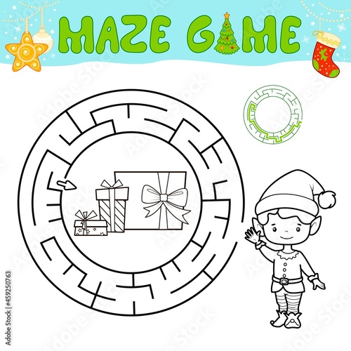 Christmas black and white maze puzzle game for children. Outline circle maze or labyrinth game with boy elf.