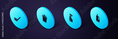 Set Isometric Fabric softener, Spray bottle with detergent liquid, Bucket soap suds and Brush for cleaning icon. Vector