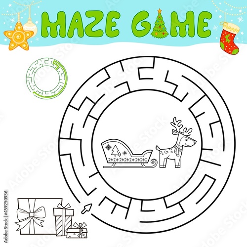 Christmas black and white maze puzzle game for children. Outline circle maze or labyrinth game with Christmas sled.