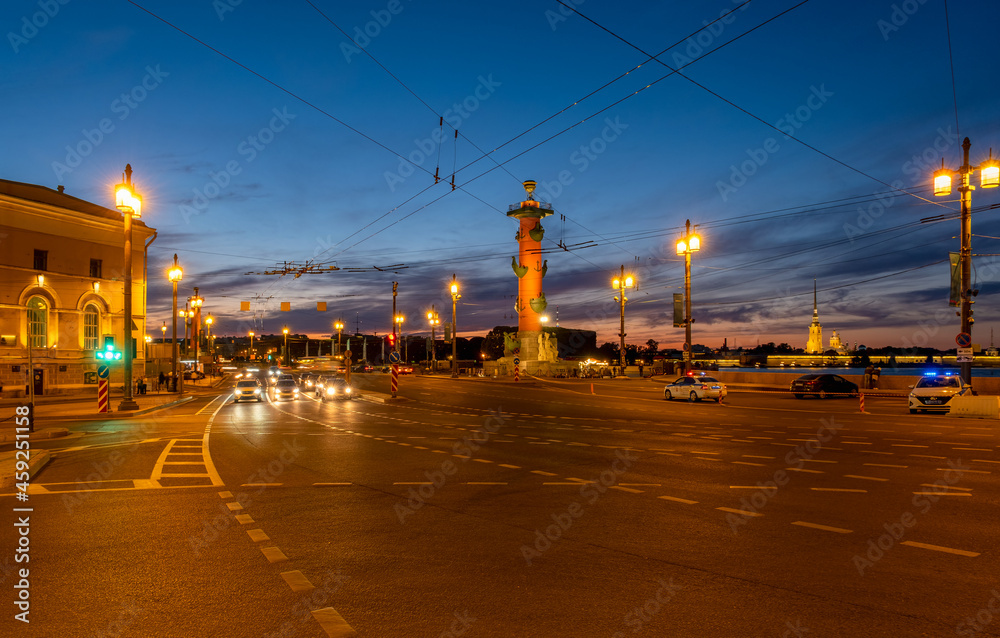 Rostral column in night Saint Petersburg