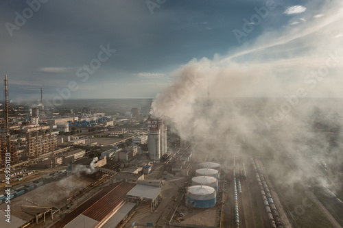 Oil and gas refinery plant in smoke