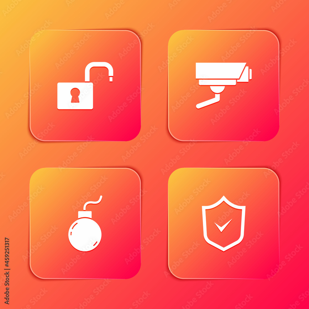 Set Open padlock, Security camera, Bomb ready to explode and Shield with check mark icon. Vector