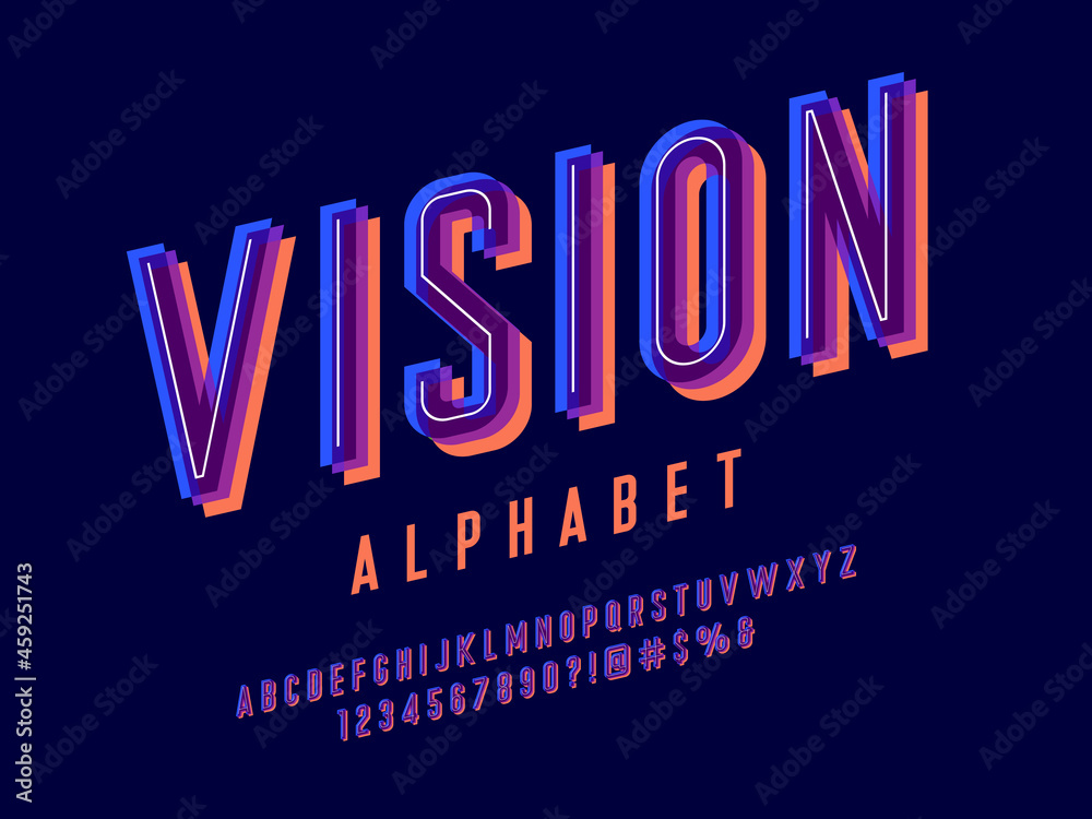 Overprint colors alphabet design with uppercase, numbers and symbols
