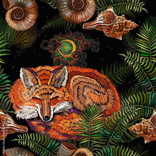 Embroidery sleeping fox and fern, seamless pattern. Magic night forest. Fashionable template for design of clothes. Fairy tale art