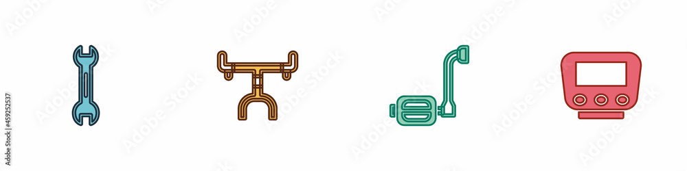 Set Wrench spanner, Bicycle handlebar, pedal and speedometer icon. Vector Set Wrench spanner, Bicycle handlebar, pedal and speedometer icon. Vector