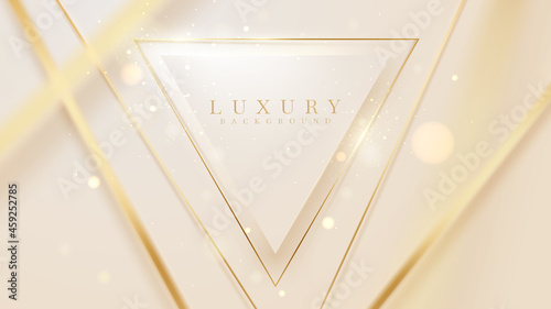Golden lines triangular shaped with sparkling light effects, 3d style luxury background, vector illustration scene design.