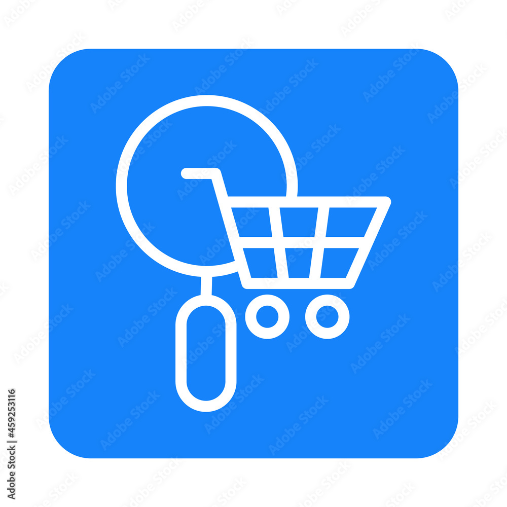 Logotipo con silueta de carrito de la compra con lupa con lineas en cuadrado color azul Logotipo con silueta de carrito de la compra con lupa con lineas en cuadrado color azul