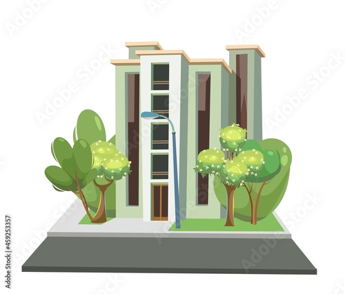 Green city building. Among the trees. Asphalt road. Cartoon fun flat style. Residential building with windows and balconies. Isolated on white background. Vector.
