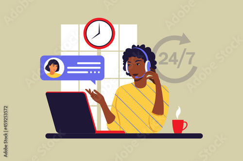 Customer service concept. African woman with headphones and microphone with laptop. Support, assistance, call center. Vector illustration. Flat style