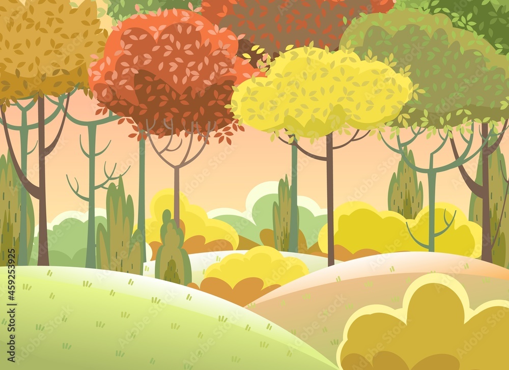 Forest. Funny beautiful autumn landscape. Cartoon style. Leaves. Hills with grass and red, yellow, orange trees. Cool romantic pretty. Flat design illustration. Vector art