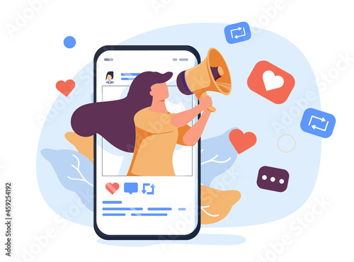 internet advertisement. Hands holding smartphone with a man shouting in loud speaker. Influencer marketing, social media