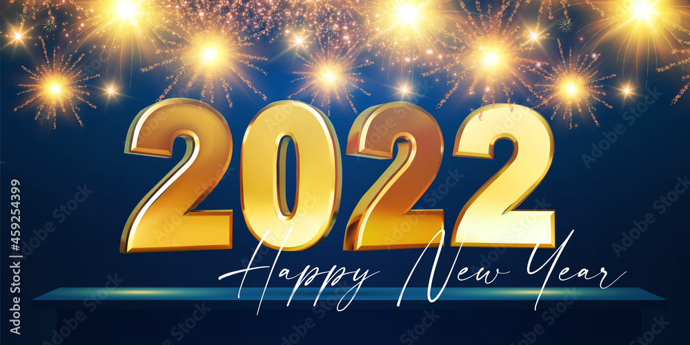 Happy new 2022 year Elegant gold text with fireworks. Minimalistic text template.
