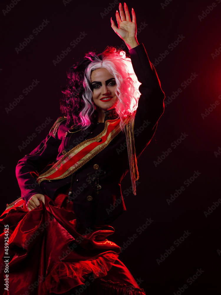 A bright and shocking woman with a black and white hairstyle A bright and shocking woman with a black and white hairstyle