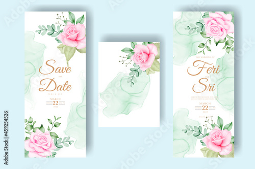 Fototapeta Naklejka Na Ścianę i Meble -  beautiful flowers and leaves watercolor wedding invitation card template