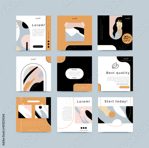 Square layouts for social media feed, 9 vector templates for social media posts, easy editing