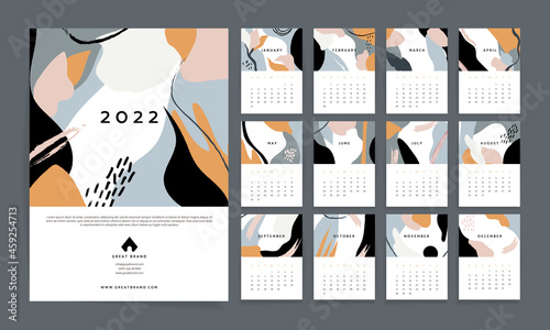 Calendar template, promotional corporate vector design with abstract shapes, 2022 