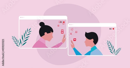 Animation Romantic moment - couples who can only meet via video call, corona makes them unable to meet. Flat Vector illustration