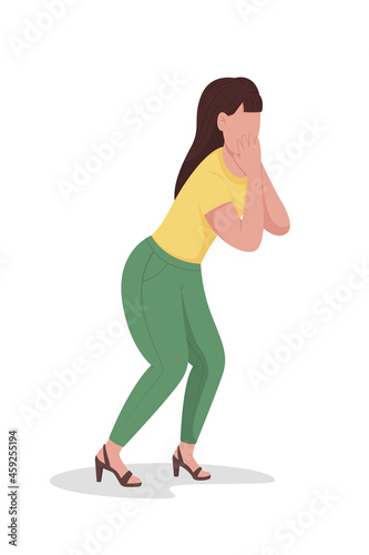 Shocked woman semi flat color vector character. Posing figure. Full body person on white. Surprised girl isolated modern cartoon style illustration for graphic design and animation