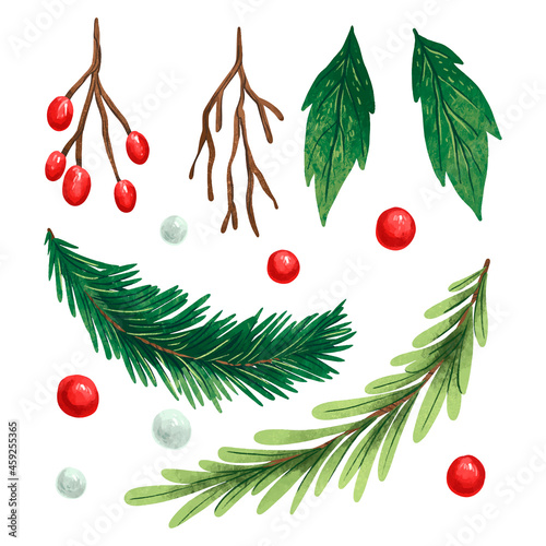illustration New Year's set with holly leaves, red and white berries, Christmas twigs, a branch of a Christmas tree designer