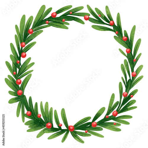 a beautiful illustration of a New Year's wreath made of soft green twigs and holly leaves or a Christmas tree with red berries