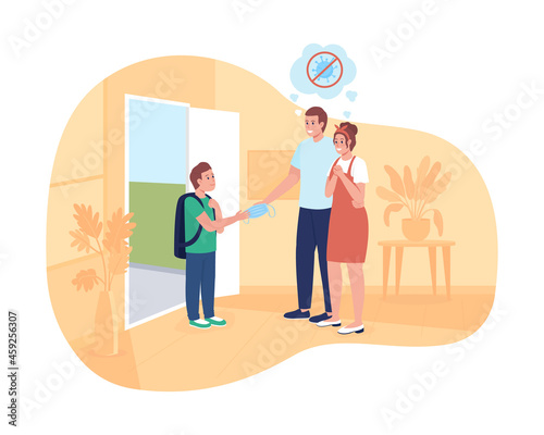 Return to education 2D vector isolated illustration. Parents give kid protective mask. Family sending son to preschool flat characters on cartoon background. Back to school colourful scene