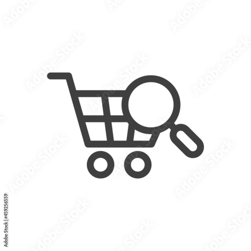 Logotipo con silueta de carrito de la compra con lupa con lineas en color gris