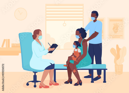 Medical consultation flat color vector illustration. Family meeting general practitioner. Clinical appointment. Doctor with patients 2D cartoon characters with interior on background