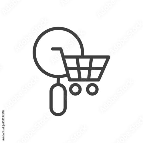 Logotipo con silueta de carrito de la compra con lupa con lineas en color gris