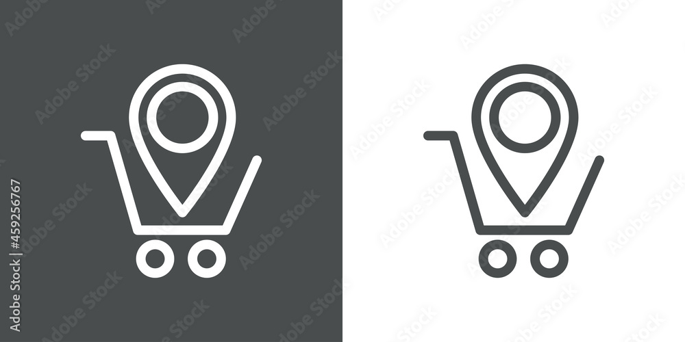 Logotipo con silueta de carrito de la compra con puntero de posición con lineas en fondo gris y fondo banco