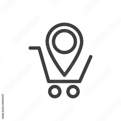 Logotipo con silueta de carrito de la compra con puntero de posición con lineas en color gris